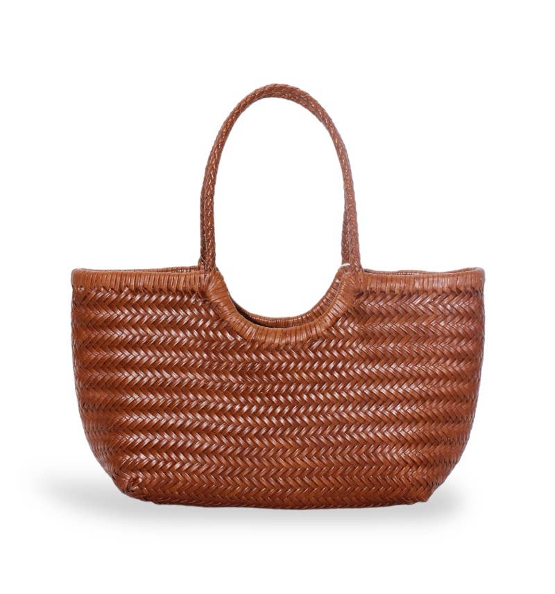 Sook Stainable - Vente Tote bag – femme - Carmel - Sac fourre-tout en cuir en U tissé à la main0