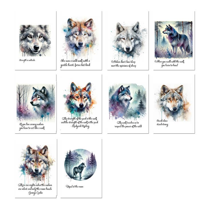 10 Wolf Handmade Notecards 4x6 with Envelopes Blank Inside for wholesale by Blue Morning Expressions