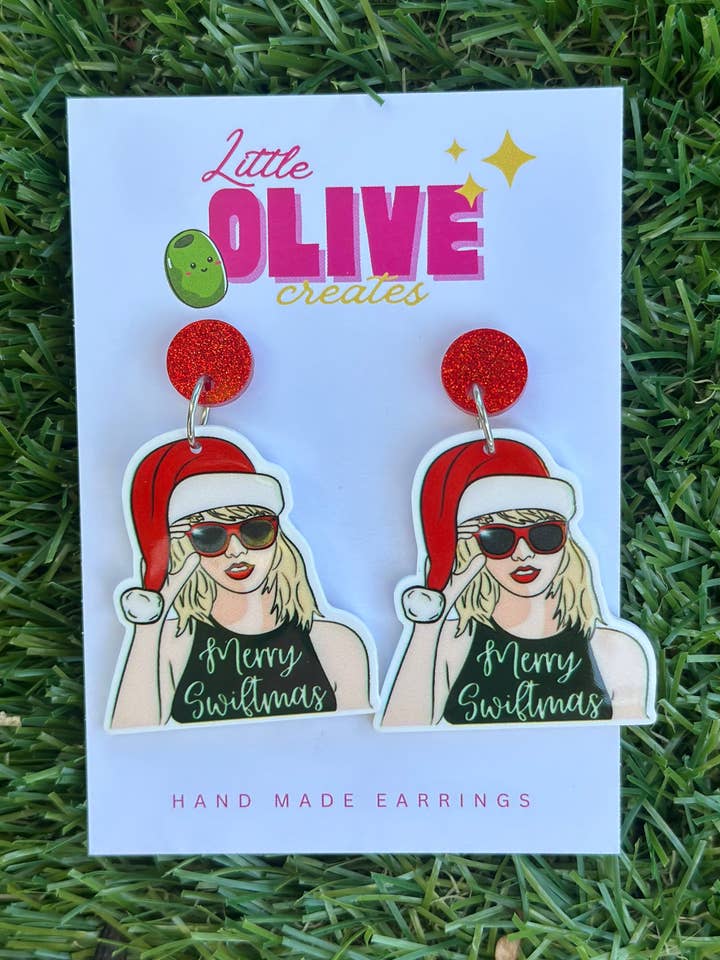 Taylor Swift-Inspired “Merry Swiftmas” Dangle Earrings for wholesale by Little Olive Creates