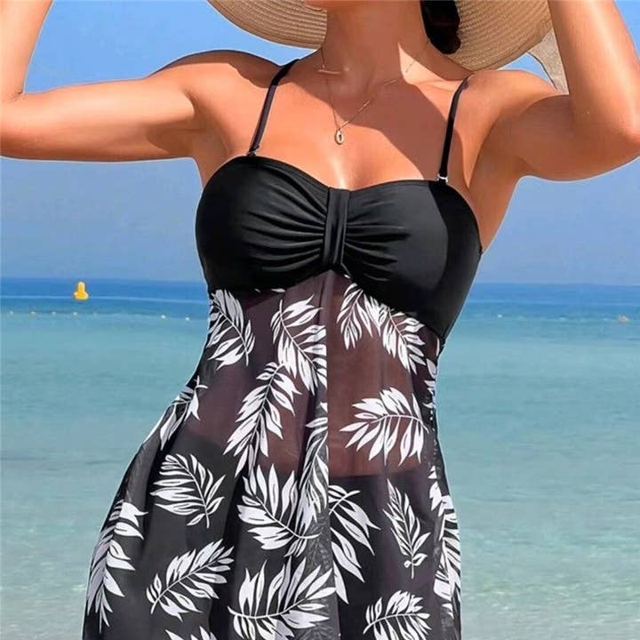 Split Skirt Conservative Mesh Sheer Flesh Printed Swimsuit for wholesale by ShieldChic