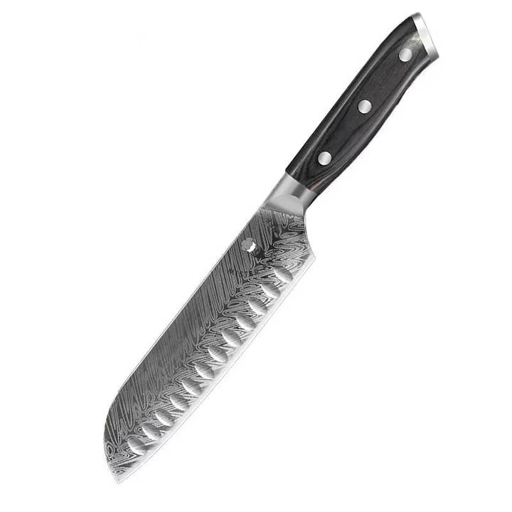 Couteau Santoku japonais Laser Damascus de 7 po - Manche en bois Pakka pour la vente par Mister Angry Chef LLC