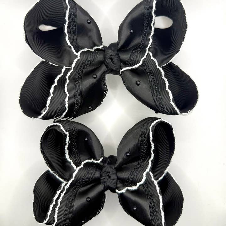 Black Satin Lace Pearl Bow for wholesale by Luminous Sky Bowtique