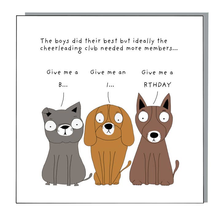 Cheerleading Dogs Birthday card for wholesale by Not at all Jack