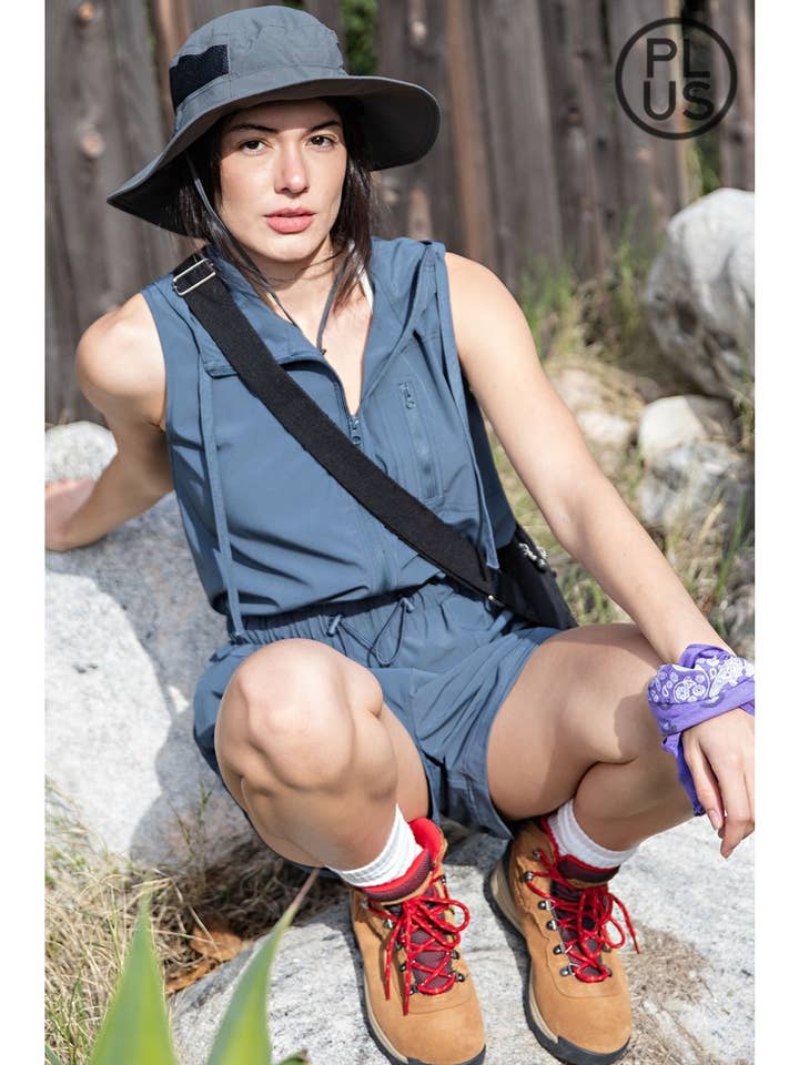 PLUS SIZE HEAVY POLY STRETCH WOVEN HOODIE ROMPER for wholesale by Rae Mode