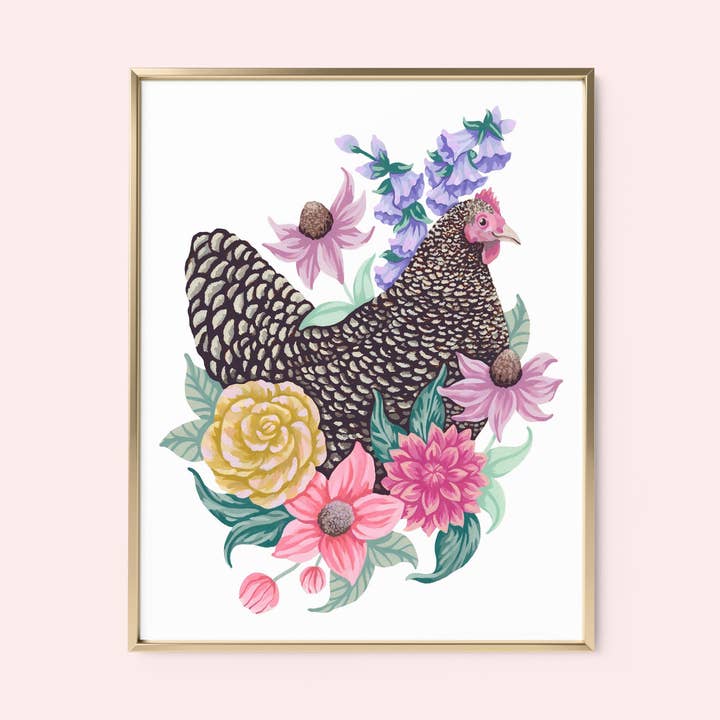 Chicken Floral Art Print for wholesale by Mia Whittemore