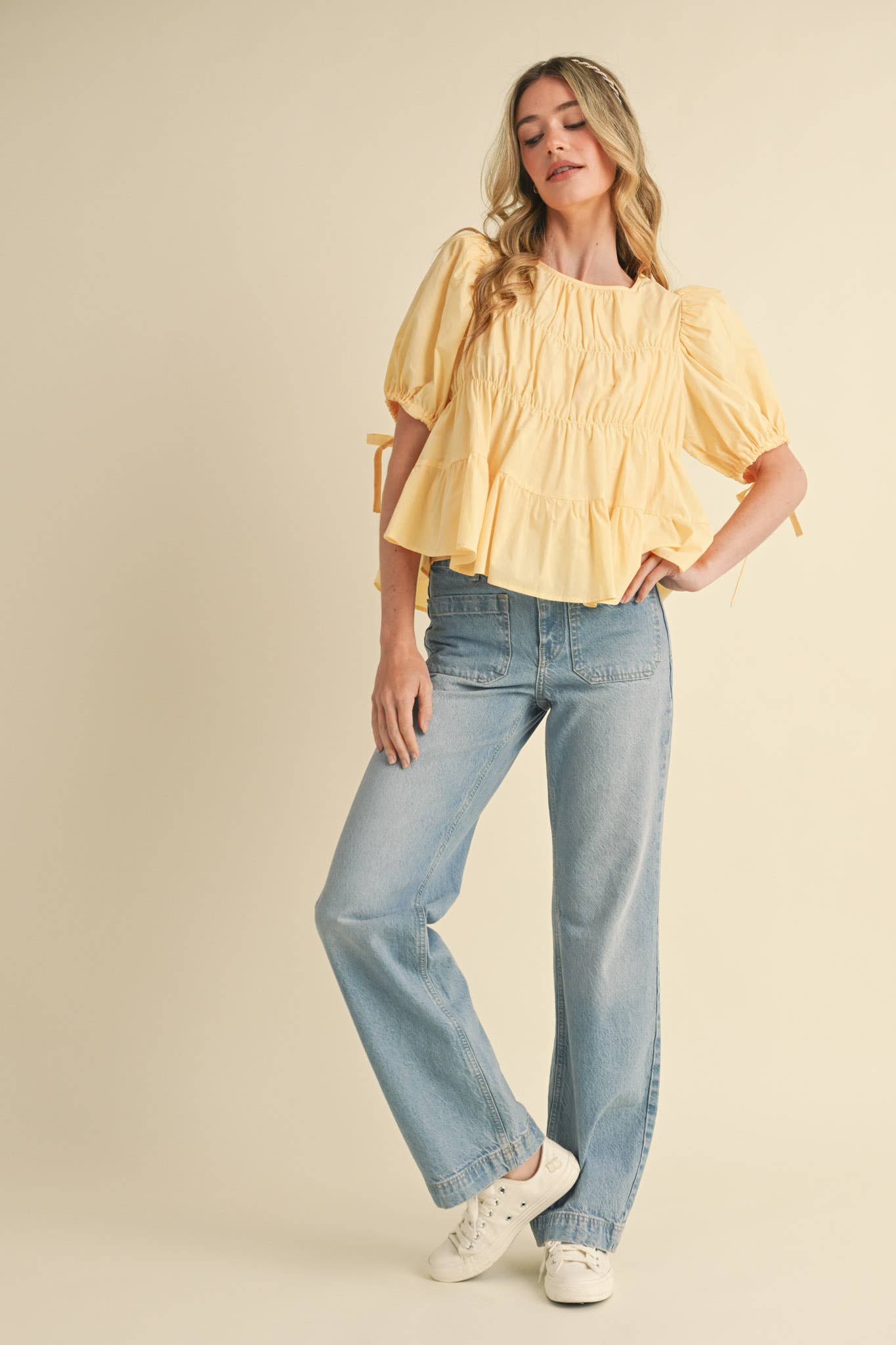 &MERCI - Wholesale Blouse - Women's - TIERED SHIRRING PUFF SLEEVE TOP MTP308139