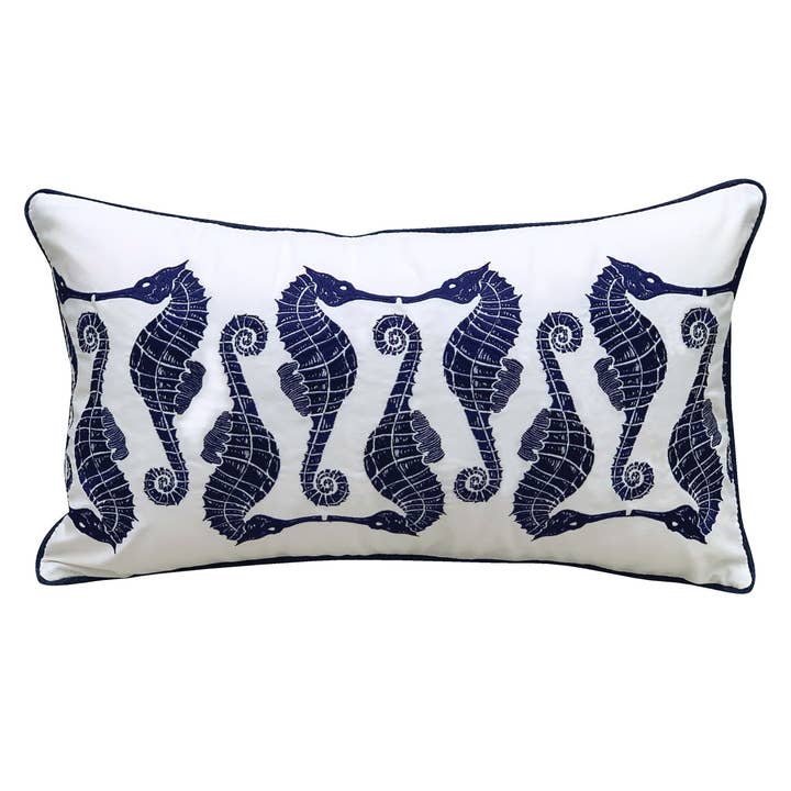 Indigo Seahorse Indoor/Outdoor Throw Pillow for wholesale by Rightside Design