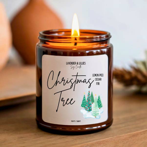 Christmas Tree- Soy Candle- 12oz Amber Glass for wholesale by Lavender & Lillies
