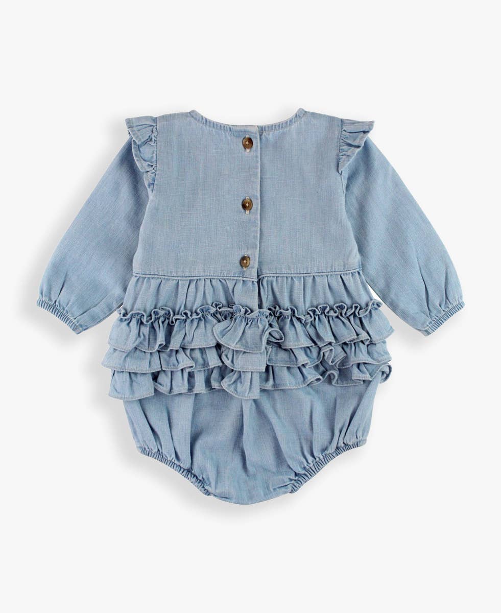 Blue Baby Girls Light Wash Denim Long Sleeve Flutter Bubble Romper for wholesale on Faire10