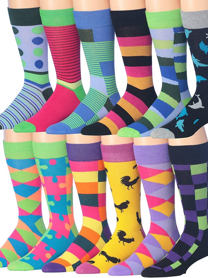 James Fiallo Mens 12 Pairs Funny Faces Striped Colorful Crew Socks for wholesale by Gold Hose LLC