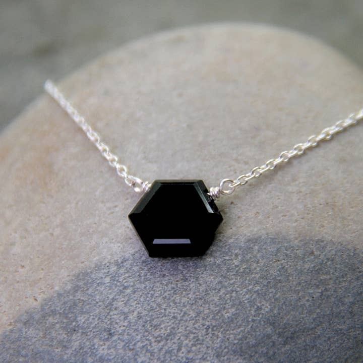 Heart and Lotus Jewellery - Wholesale Pendant/Charm Necklace - Stress Relief Necklace in Small Hexagon Onyx + Silver