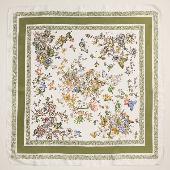 Sensibling Corp. - Wholesale Scarf - Women's - Butterfly Flower Garden Printed Square Silky Satin Scarf