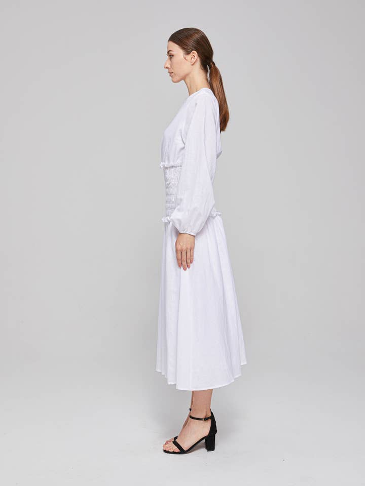 Divinity Shirred Midi Dress - White for wholesale on Faire3