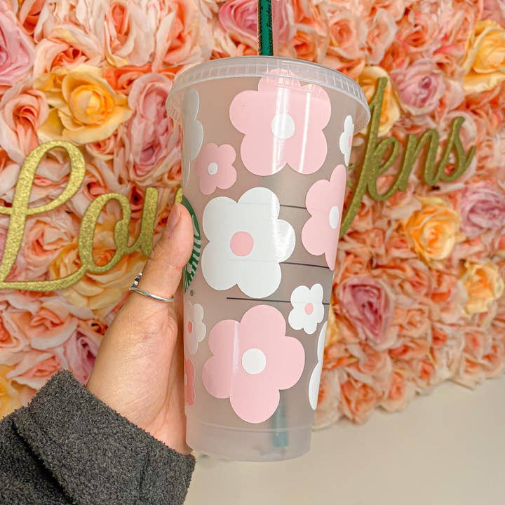 Lovely JEN's Designs - Wholesale Drinking Glass/Cup - Pink Retro Flowers Starbucks Cup6