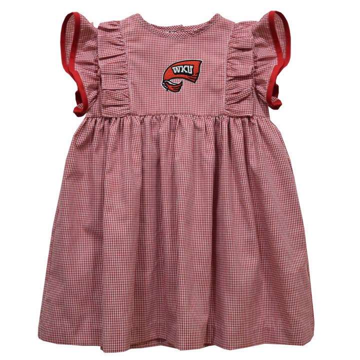 Western Kentucky Hilltoppers Embroidered Red Gingham Ruffle Dress for wholesale by Vive La Fete