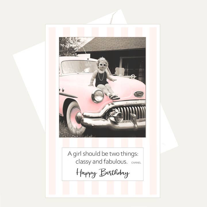 Wee Girl w/ Old Pink Car - Fun Friendship Birthday Card for wholesale by Bellflower Girl