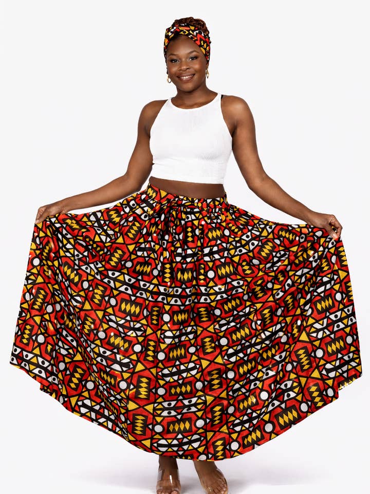 African Print Ankara Fabric Red Black Yellow Long Maxi Skirt for wholesale by Kkunda LLC