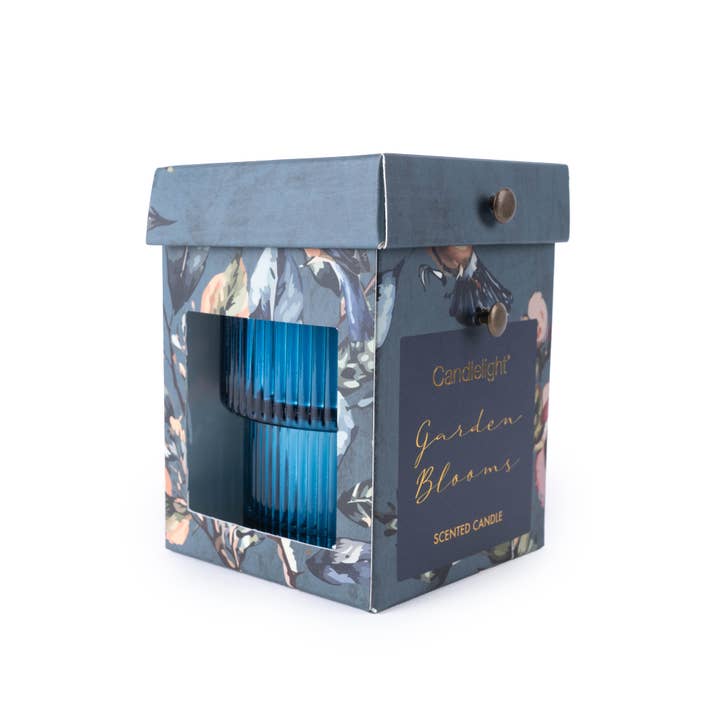 Candlelight Products Ltd – wholesale Jar/filled candle – Small Ridged Glass Candle - Garden Blooms Blue 6PK1