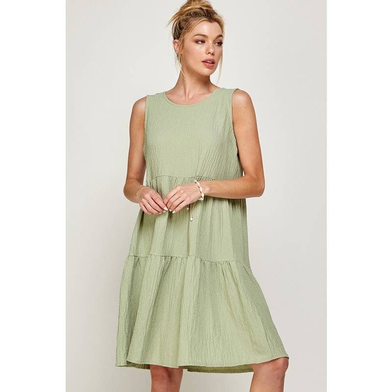 Timeless - Wholesale Dress - Women's - Tiered Pleated Textured Round Neck Midi Dress1