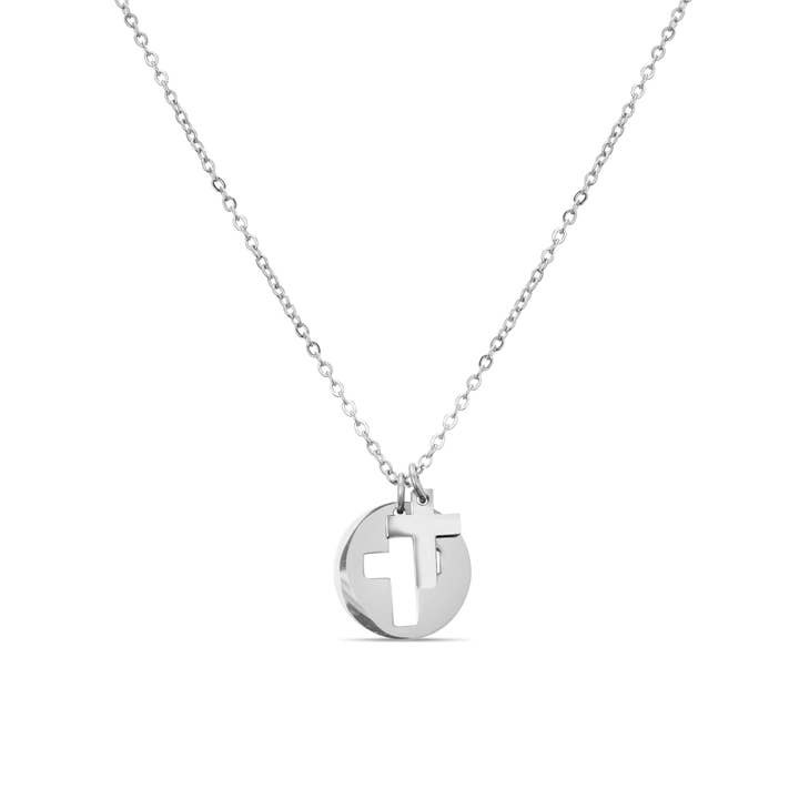 WJW - Wholesale Pendant/Charm Necklace - Stainless Steel Cutout 2 Piece Cross Necklace