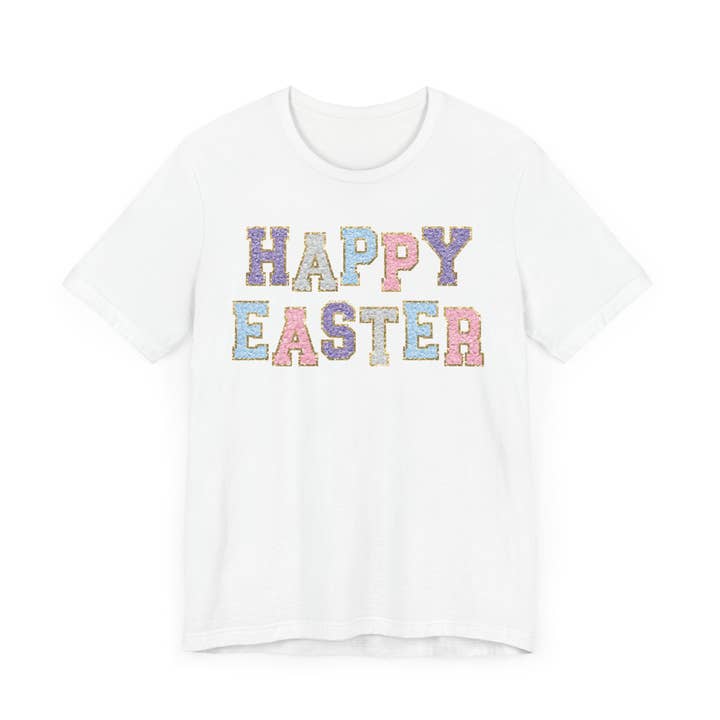 Faux Chenille Patch “Happy Easter” Adult Tee for wholesale by M2B Designs