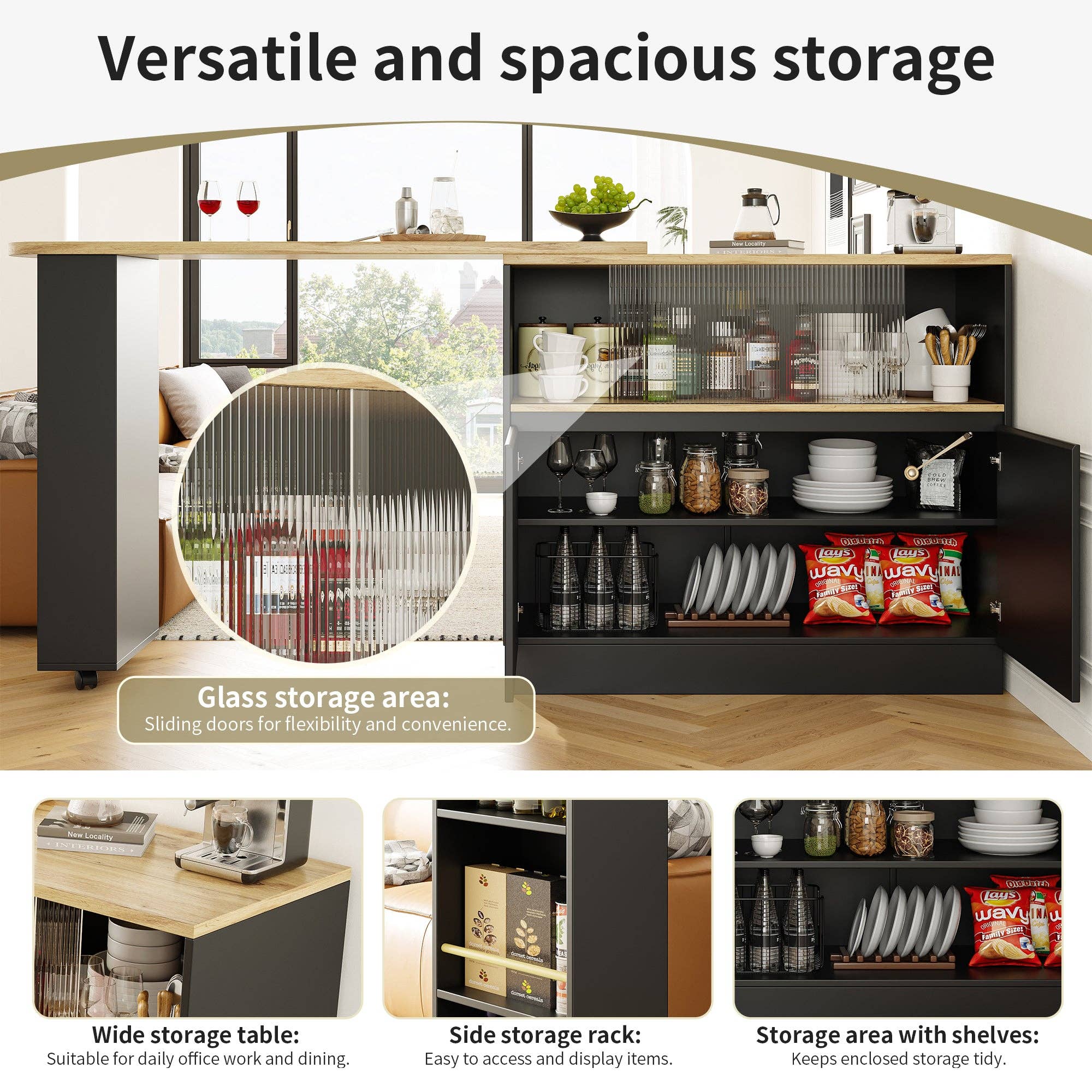 Urban Meuble - Wholesale Sideboard - Wood-effect and black bar table with 360° swivel storage and corrugated glass TINPLATE11