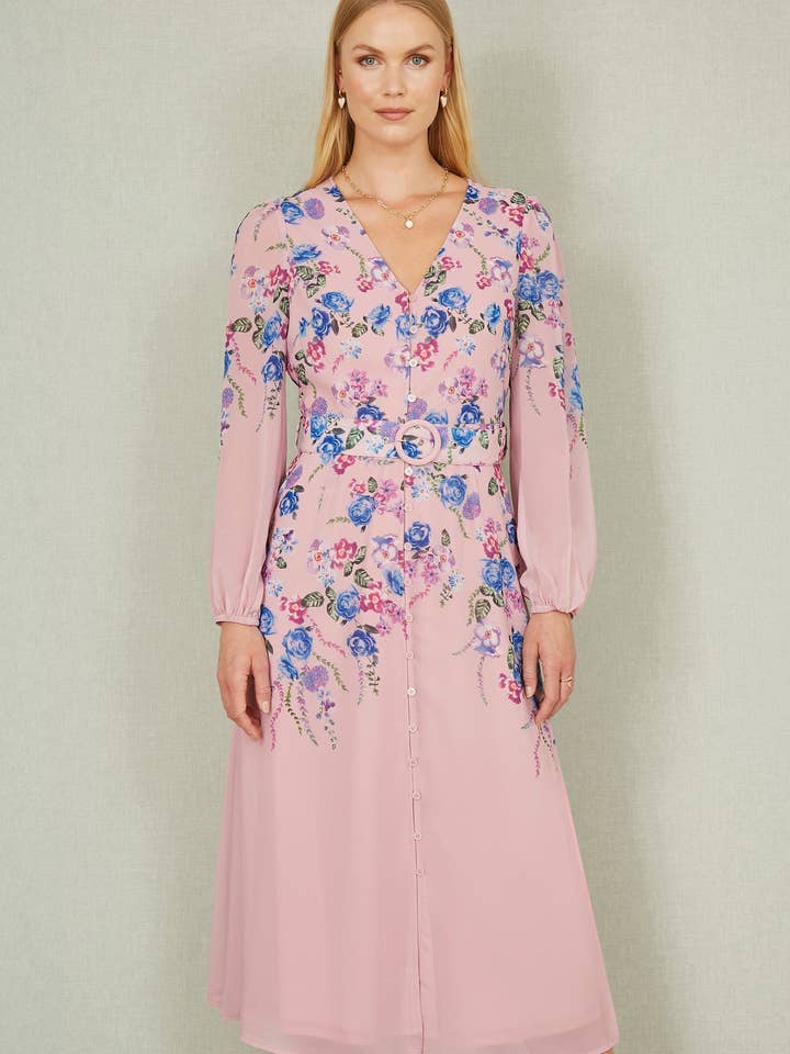 Yumi Pink Floral Placement Button Down Midi Dress With Long Sleeves for wholesale by Yumi