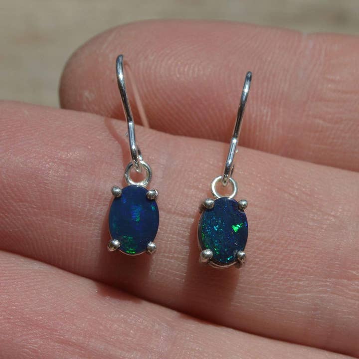 Silver Dark Blue Opal Doublet Drop Earrings for wholesale by OlliesOpals