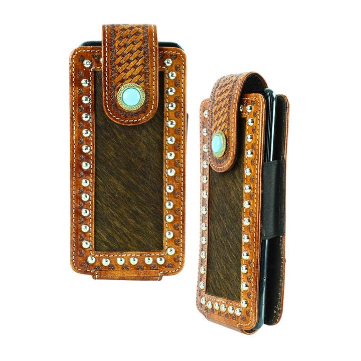 Leather Impressions Inc - Wholesale Phone Case - Unisex - Hair on Hide Belt Phone Case w/ Turquoise Flap Over Closure