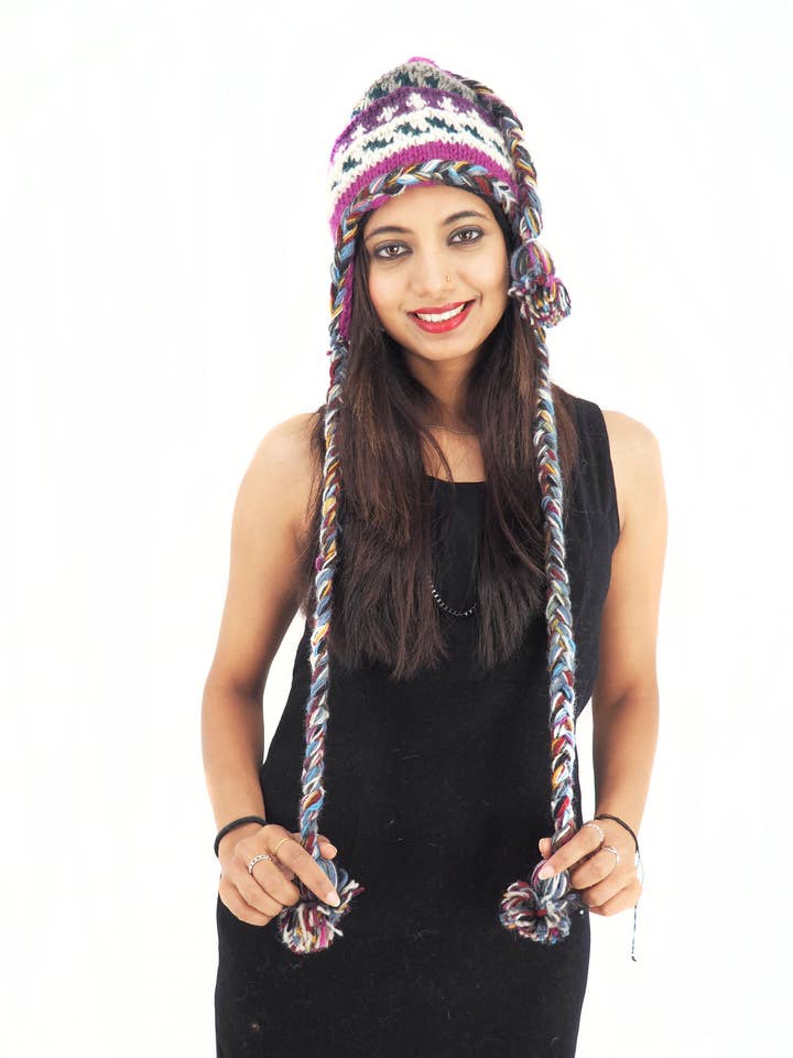 Handmade Crochet Hand Knitted Boho Hippie 100% Wool Fleece Lined Hat 6057 for wholesale by Purple Boho