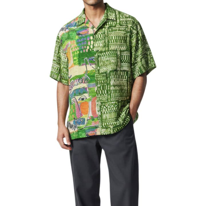 Chemise rétro à imprimé mixte pour homme - Vert Kahili pour la vente par JAMS World