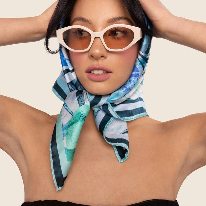 Pashmisy - Wholesale Scarf - Women's - Aqua Wave Flow – Italian Silk Square Scarf (70 x 70 cm)