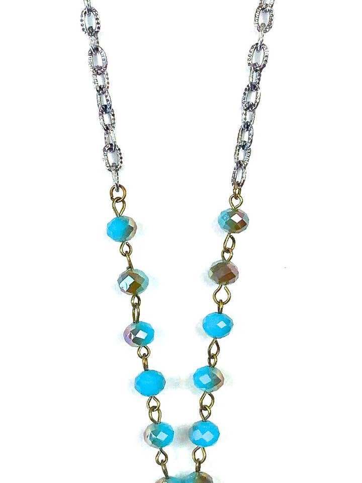 NK-Short Rosaried & Edged Glass Turquoise Pendant Necklace for wholesale by Lost & Found Trading
