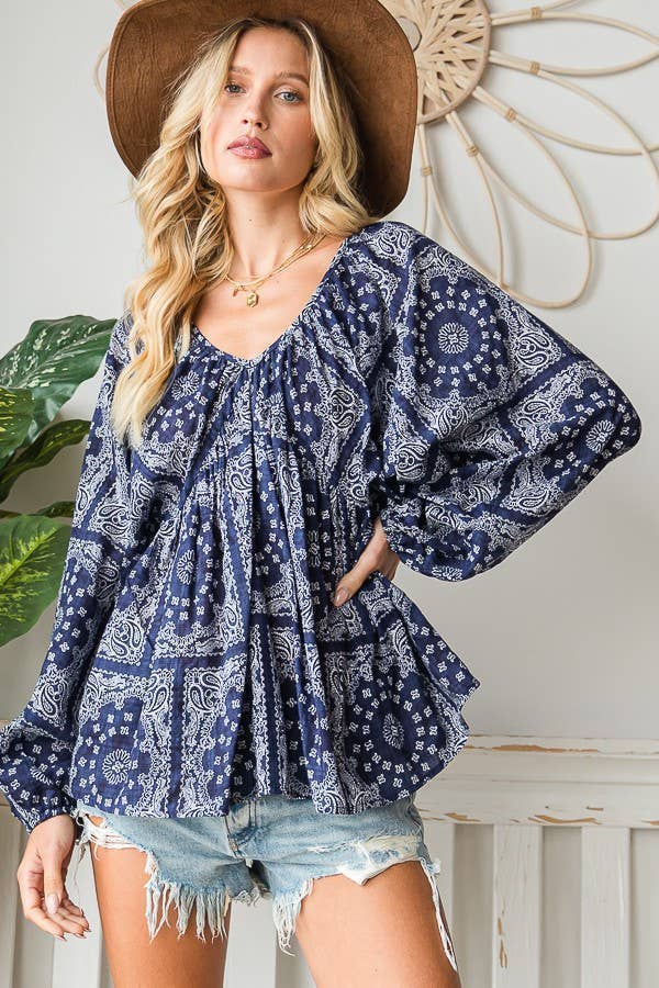BUCKETLIST OUTLET - Wholesale Blouse - Women's - T1190F OUTLET SALE Bandana Puff Sleeve Flowy Babydoll Top4
