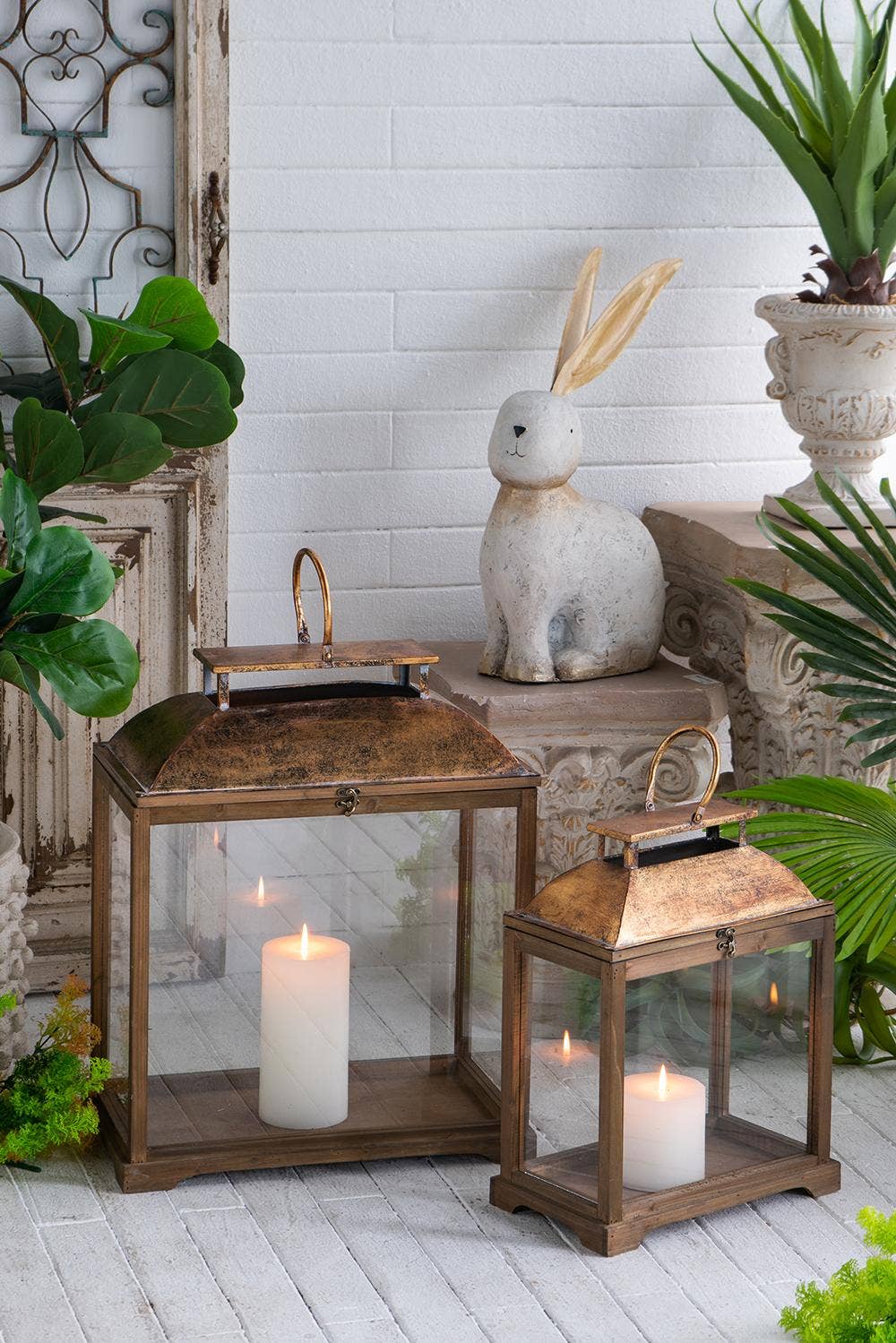 A&B Home Group Inc. - Wholesale Lantern - S/2 Brown Wooden Lanterns with Clear Glass Panels 22.5"/17"1