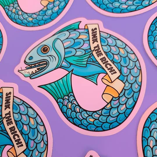 Sink The Rich Sticker: Anti-Capitalist eat the rich art for wholesale by Abi Stevens Illustration