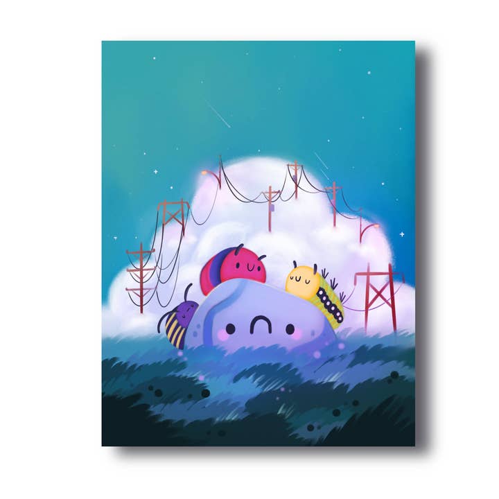 Stay Connected | Happy Bug Friends and Sad Rock with Clouds and Telephone Wires - Signed Borderless Giclee Art Print for wholesale by Picnocline
