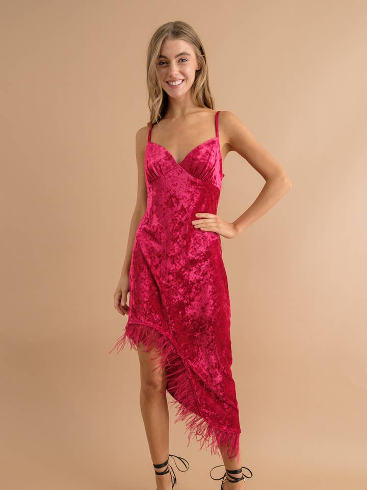 22385D - Velvet Sweetheart Asymmetrical Feather Hem Dress for wholesale by Blue B
