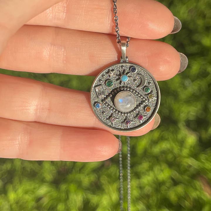 Flesh & Soul - Wholesale Pendant/charm necklace - EVIL EYE MOONSTONE Celestial Sterling Silver Necklace 14