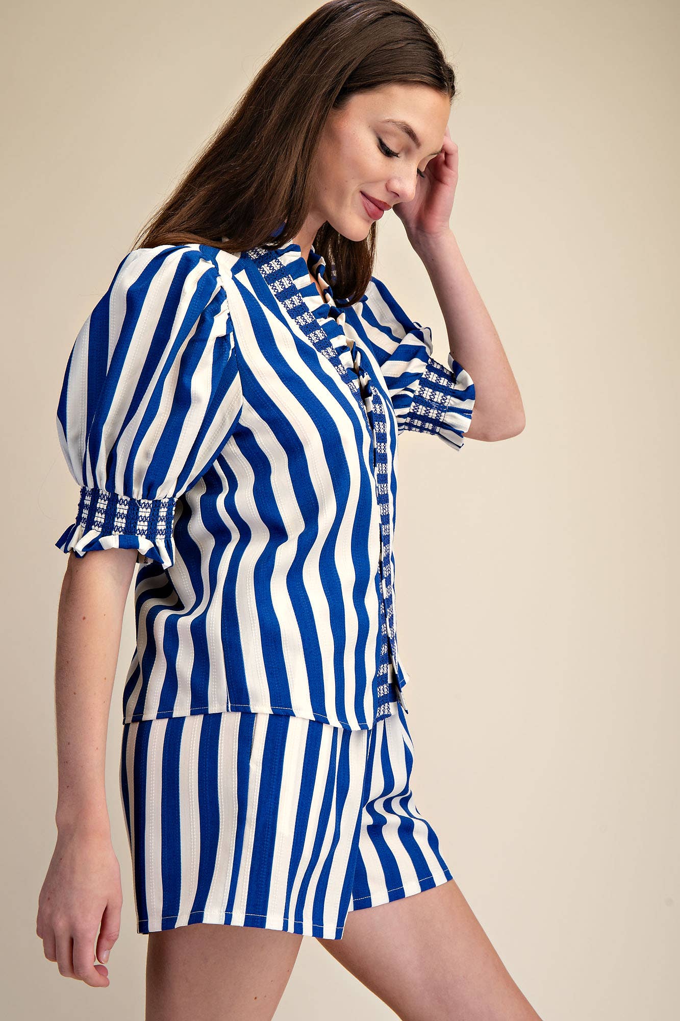 Glam - Wholesale Blouse - Women's - Ruffle V-Neck Smocked Puff Sleeve Blouse8