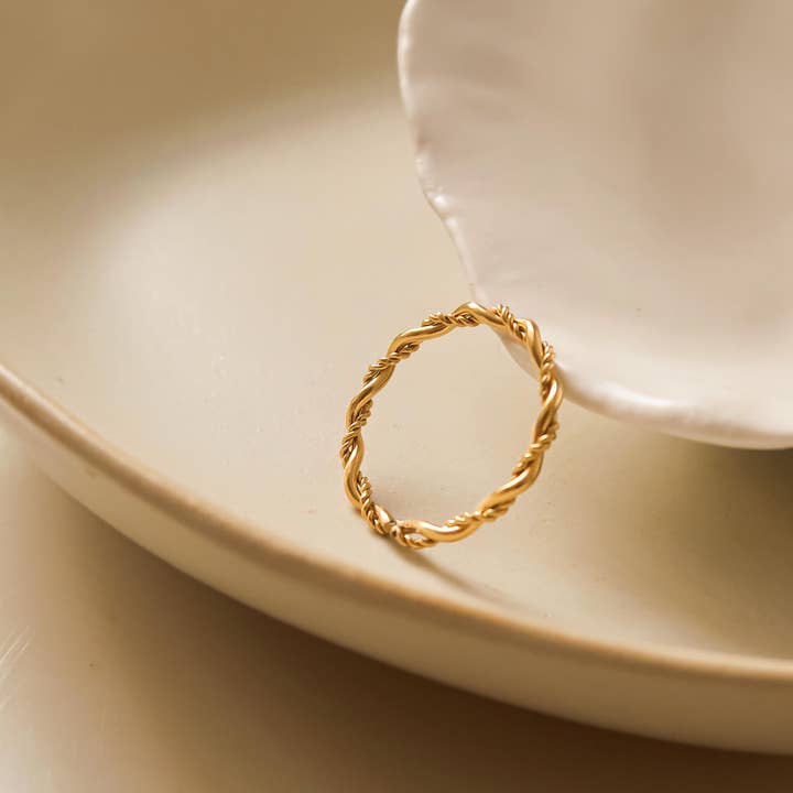 Yellow Gold 18K Non-Tarnish Minimalist Thin Braided Ring for wholesale on Faire