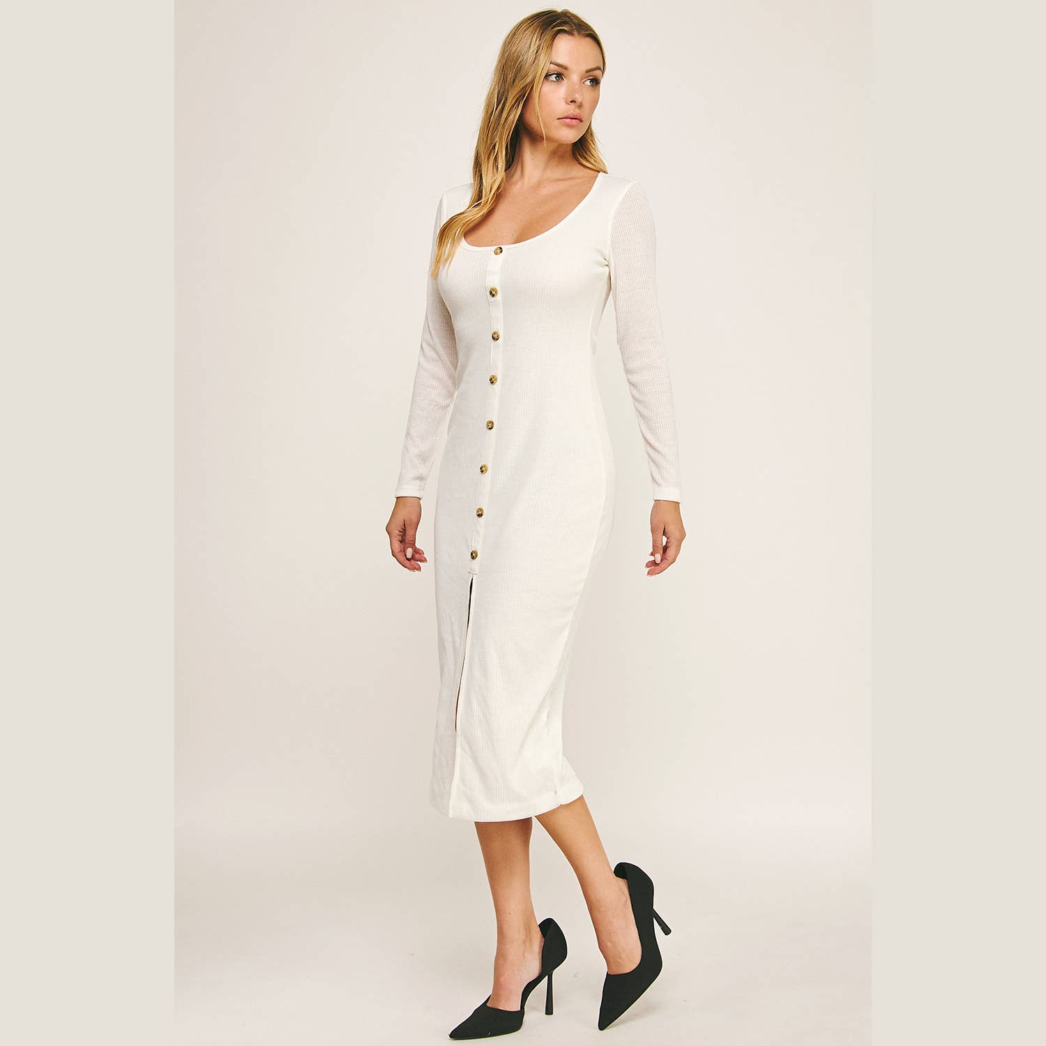 Winslow Collection - Vente Robe – femme - ROBE MIDI À MANCHES LONGUES AVEC BOUTONS ET CÔTES6