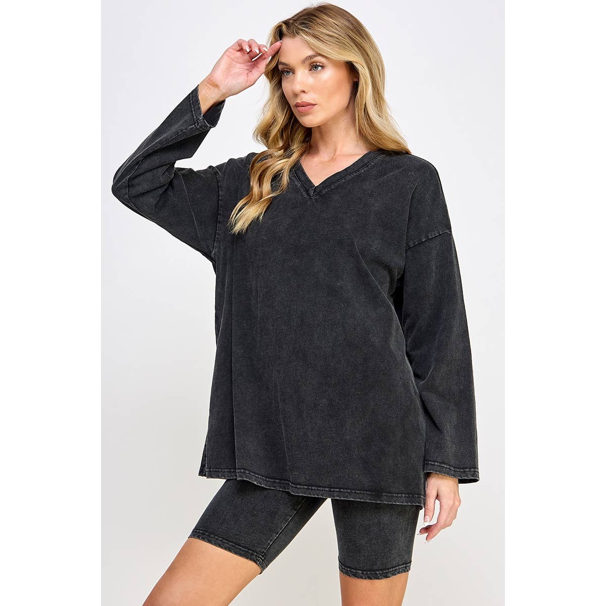 Sweet Generis - Wholesale Lounge Set - Women's - COTTON MINIERAL WASHED OVERSIZE TOP WITH CASUAL BIKER SHORT 18