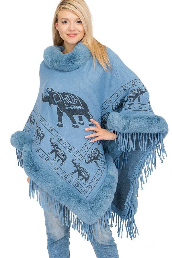 Cap Zone - Wholesale Poncho - Women's - Lucky Elephant Printed Fur Neckline Soft Cozy Poncho14
