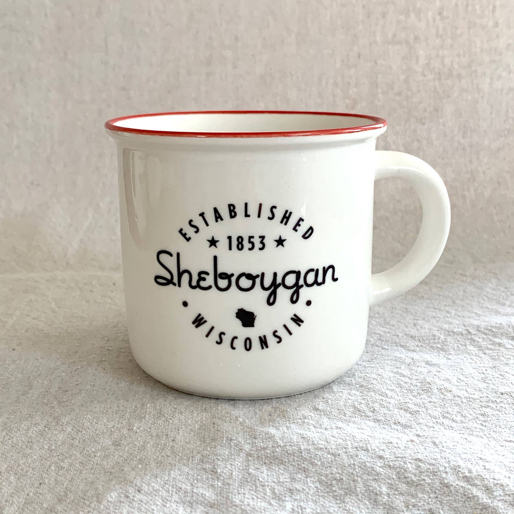 B.Berish - Wholesale Coffee Mug - Custom Printed City or Town Red Lip Ceramic Camper 13oz. Mug