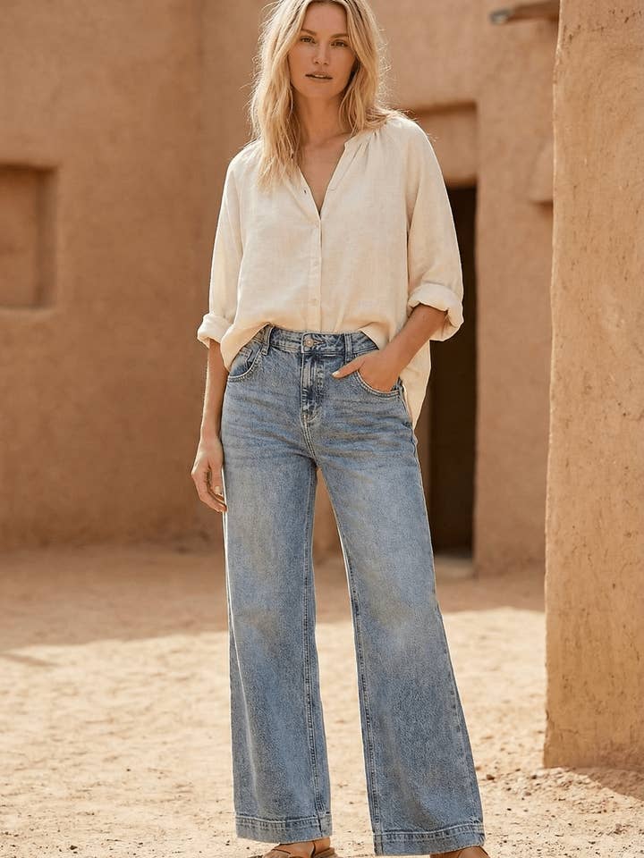 ADJUSTABLE WAISTBAND HIGH RISE BAGGY WIDE JEANS for wholesale by ARTEMIS VINTAGE