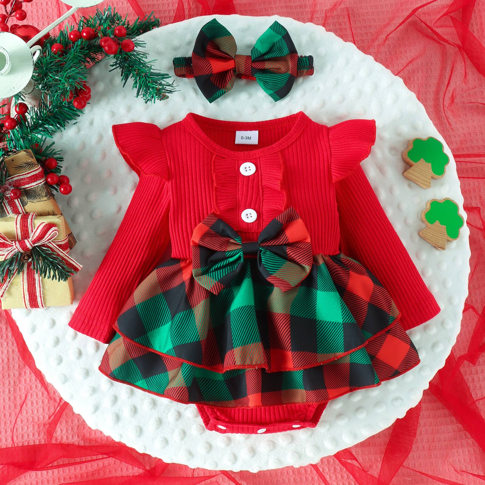 Fennco Styles - Wholesale Clothing Set - Baby - Red Holiday Plaid Ruffled Baby Romper Dress & Headband1