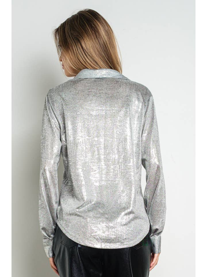 KIWI - Wholesale Button Down Shirt - Women's - IT3238 Metallic Foil Knit Button Up Long Sleeve Shirt9