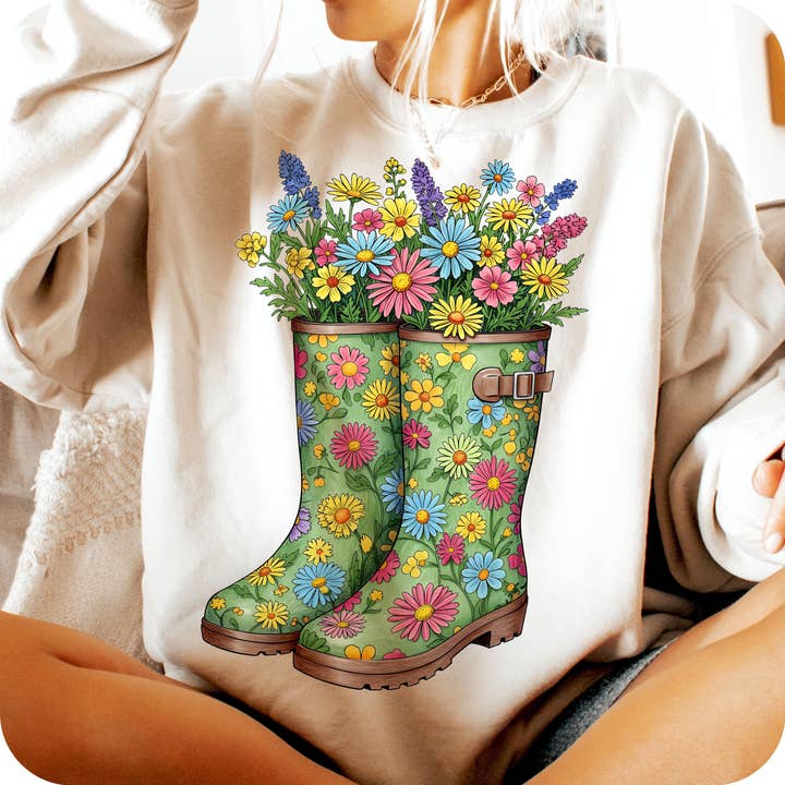 Blommiga vårstövlar sweatshirt, blommor trädgårdsstövlar skjorta för wholesale av NVC Ecommerce LLC