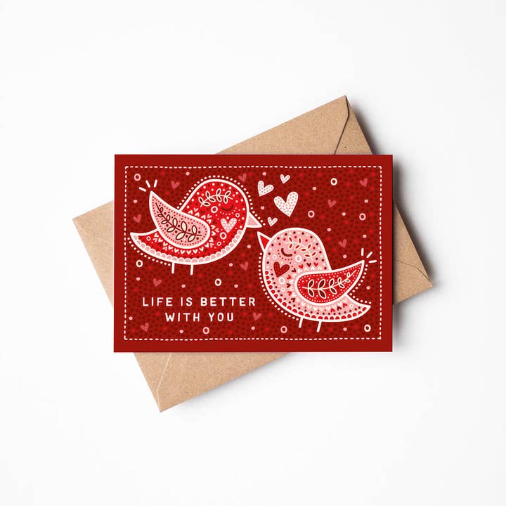 Jess A Little Creative - Wholesale Anniversary Card - Red Lovebirds 'Life Is Better With You' Anniversary Card